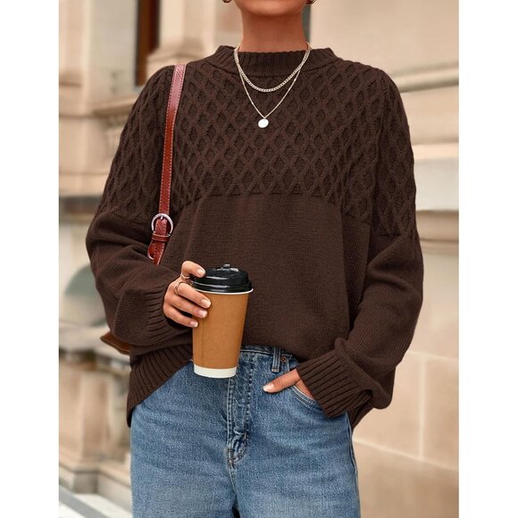 Women Oversized Cable Knit Sweater Chunky Long Sleeve Crewneck Winter Top - Picture 7 of 8